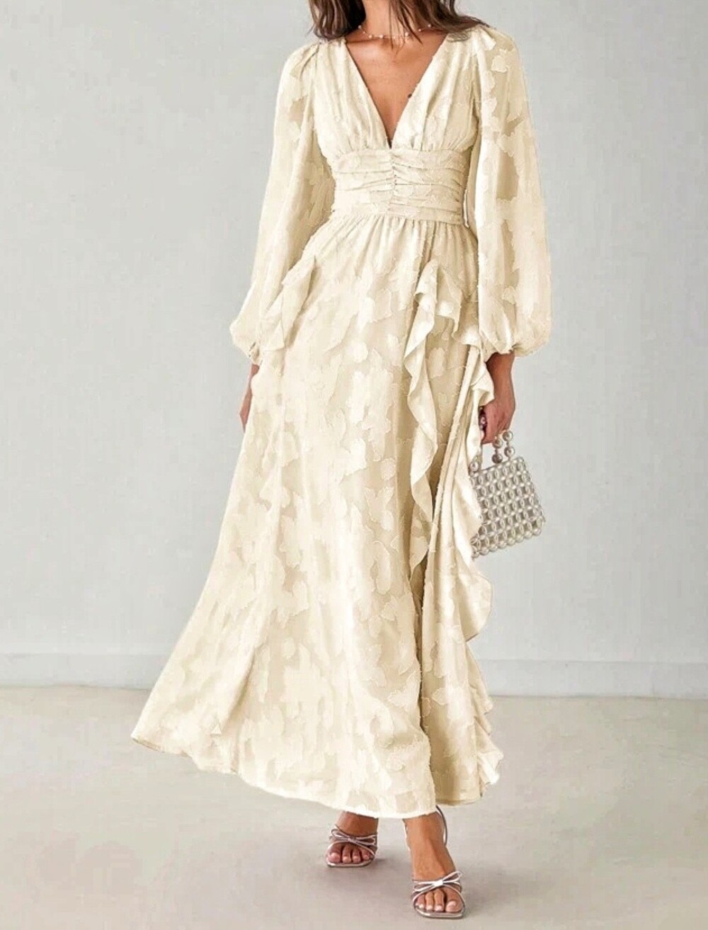 New Flowy Jacquard Ruffle Lantern Sleeve Ruched Waist Maxi Dress Ivory Cream - Picture 5 of 11